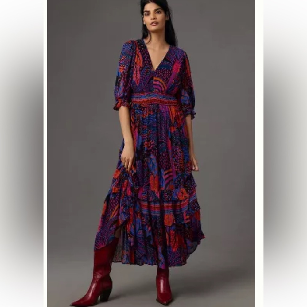 FARM Rio Anthropologie Short-Sleeve V-Neck Tiered Ruffled Maxi Dress